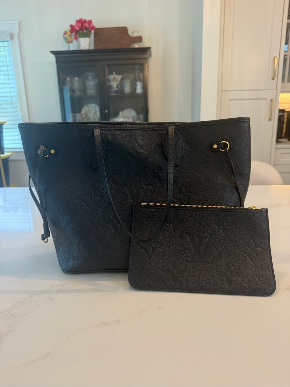 Louis Vuitton Black Monogram Empreinte Neverfull MM Tote with Pochette